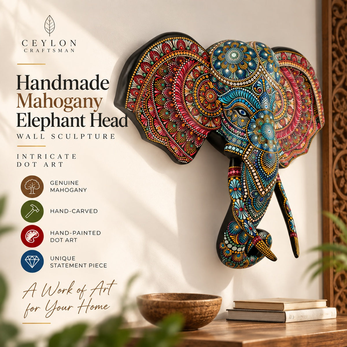 Handmade Mahogany Elephant Head Wall Sculpture