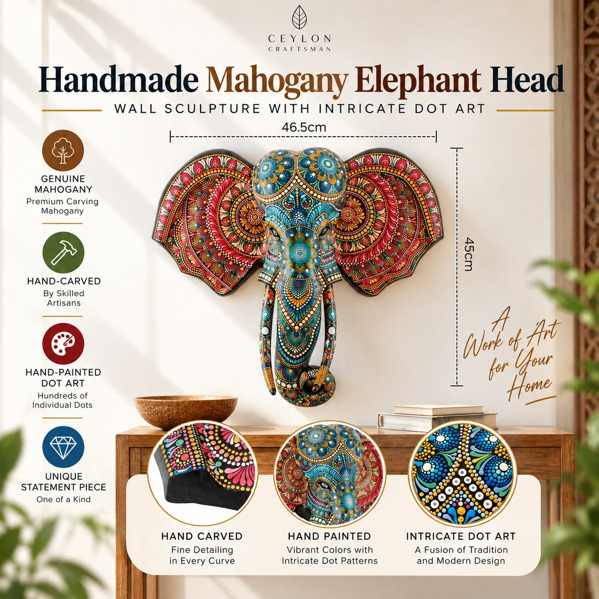 Handmade Mahogany Elephant Head Wall Sculpture